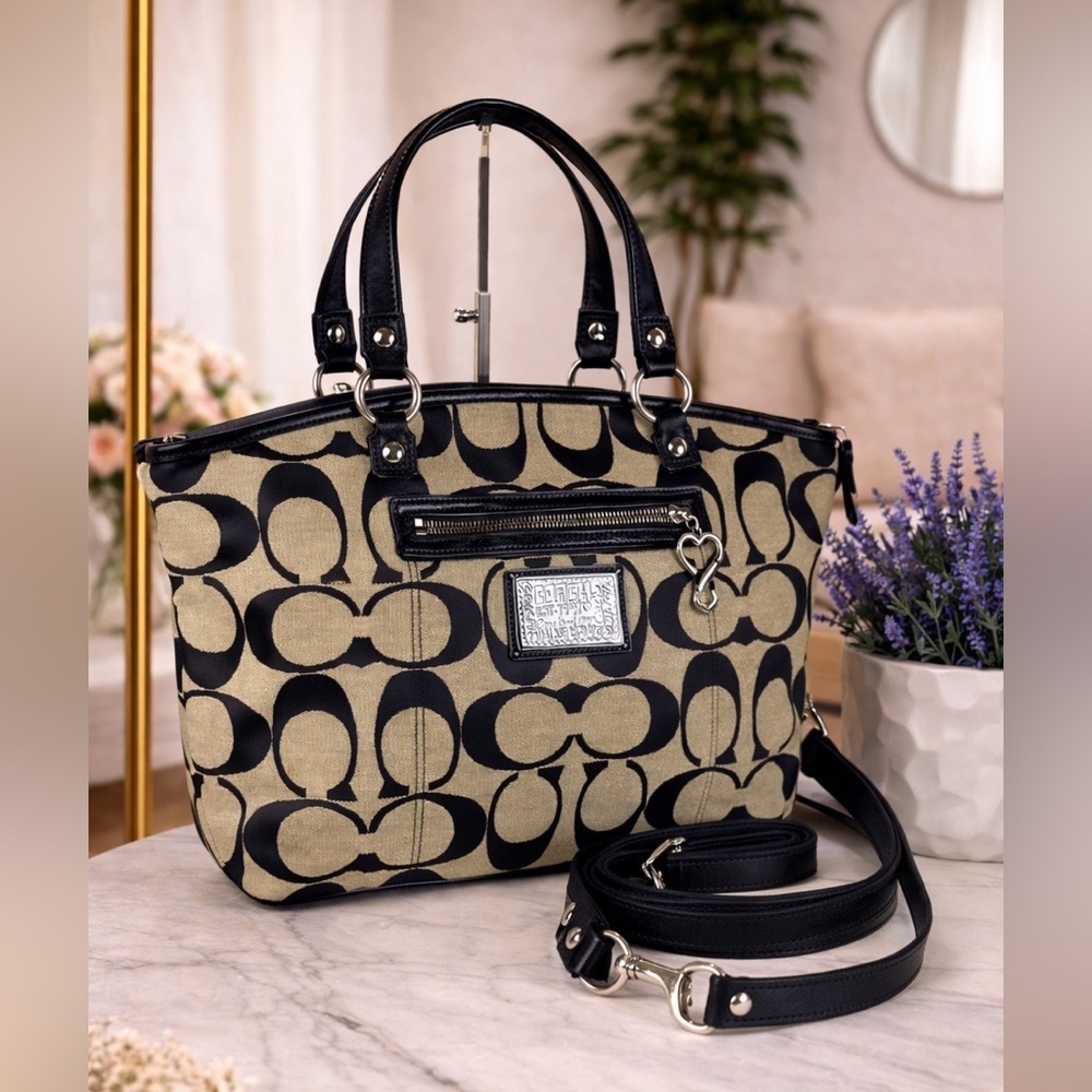 Coach F23391 Poppy Bag Black Tan Signature XLarge Tote Crossbody diaperbag